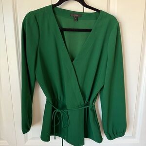 J. Crew Green Long Sleeve Wrap Blouse with Tie Front